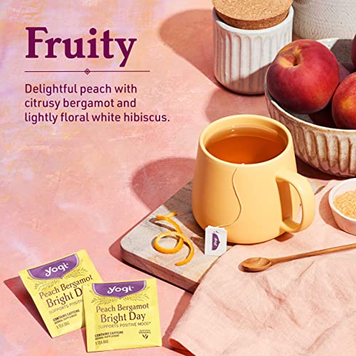 Yogi Tea Peach Bergamot Bright Day Tea - 16 Tea Bags per Pack (4 Packs) - Organic Tea to Support Energy & Positivity - Includes Oolong Tea Leaf, White Hibiscus Flower, Rose Hips & More