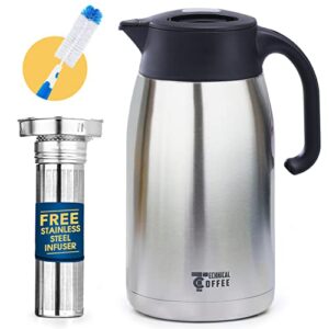 coffee carafe & tea carafe in one. 68oz 12hr heat retention ideal for coffee carafes for keeping hot, 24hr cold retention. thermal stainless steel double walled insulated carafe. infuser & brush incld
