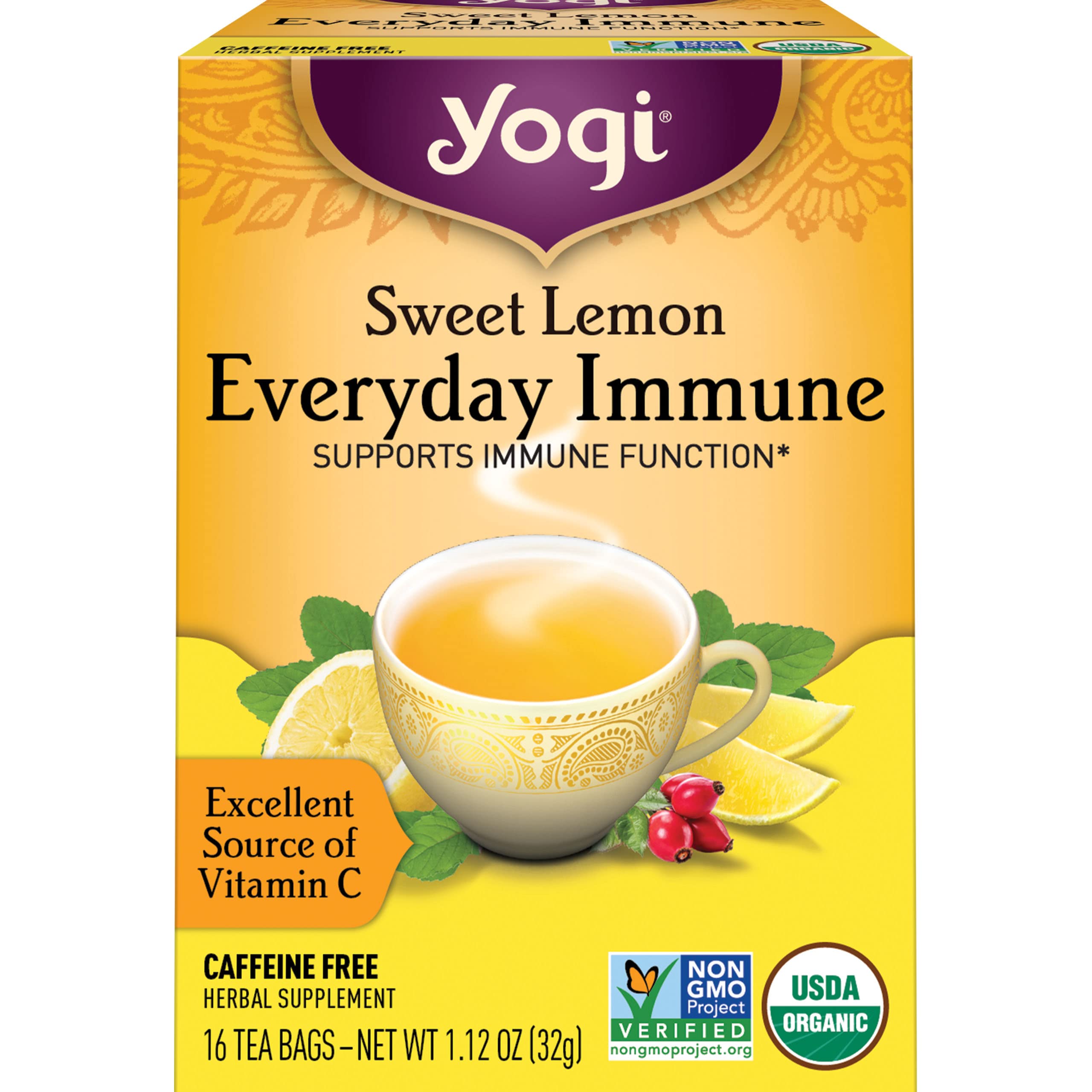 Yogi Tea Sweet Lemon Everyday Immune Tea - 16 Tea Bags per Pack (4 Packs) - Daily Immune Support Tea - Delicious Lemon Tea Bags - Includes Tulsi, Lemongrass, Rose Hip, Lemon Peel & More