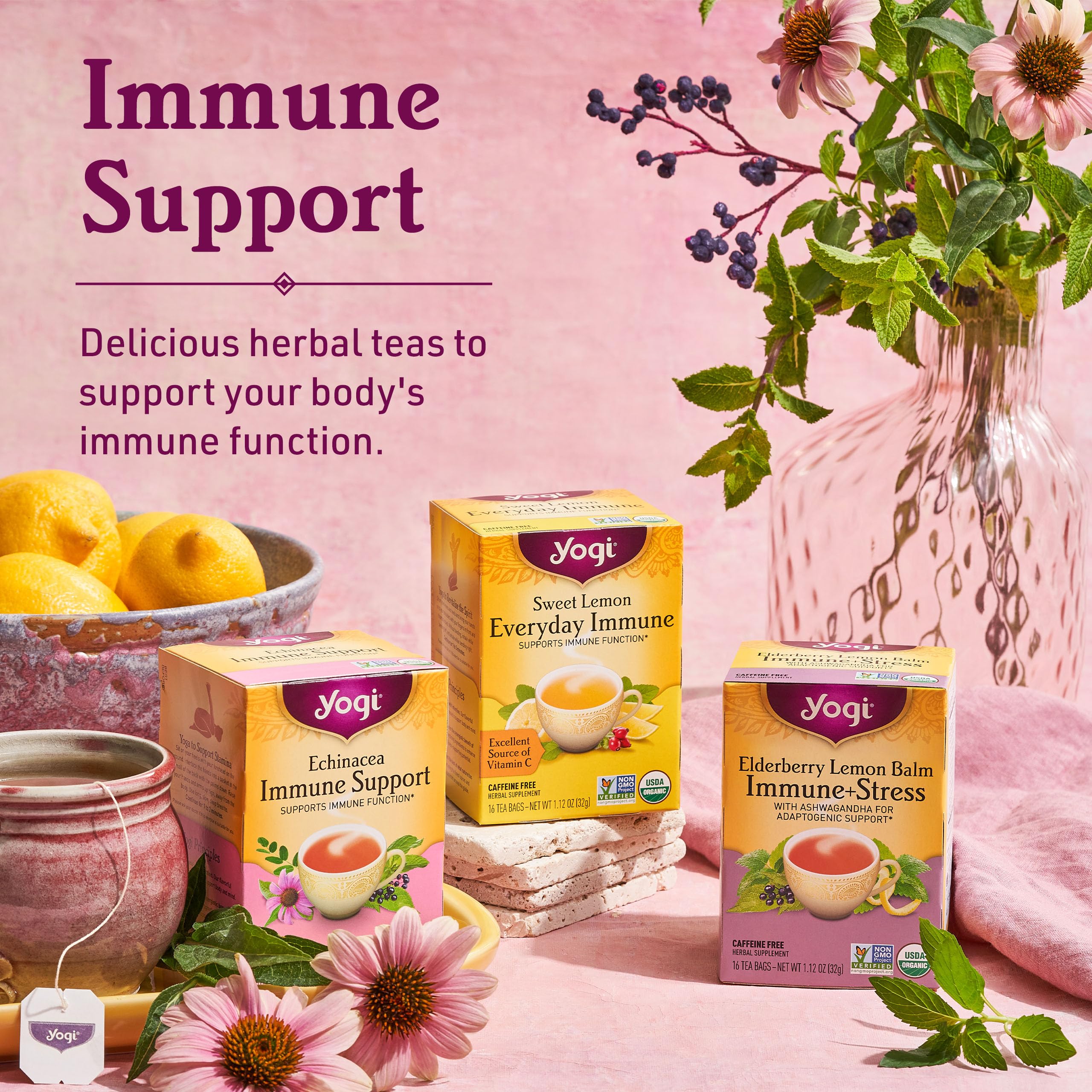 Yogi Tea Sweet Lemon Everyday Immune Tea - 16 Tea Bags per Pack (4 Packs) - Daily Immune Support Tea - Delicious Lemon Tea Bags - Includes Tulsi, Lemongrass, Rose Hip, Lemon Peel & More