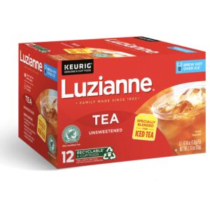 luzianne unsweetened iced tea, single serve tea k-cups for keurig, authentic southern blend of orange pekoe and pekoe cut black teas, 12 count (pack of 6)