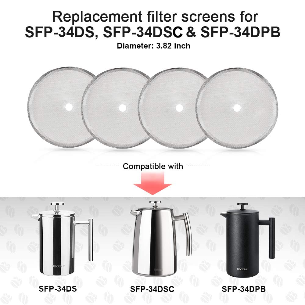 Secura French Press Replacement Screens, Stainless Steel Reusable Mesh Filter for 34 Ounce, 1 Liter, 8 Cup Coffee Press, 4 Pack