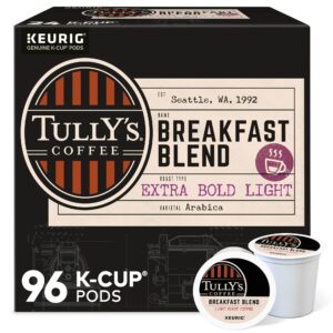 tully's coffee breakfast blend keurig single-serve k-cup pods, light roast coffee, 96 count (4 packs of 24)