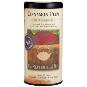 the republic of tea cinnamon plum tea, 2.8 oz tin, 50 tea bags, spiced black tea | caffeinated tea