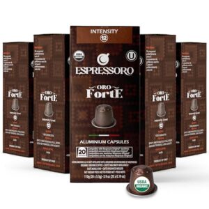 espressoro 100 usda organic espresso pods - forte aluminum capsule compatible with nespresso original lines machines. intensity 12 premium italian expresso coffee capsules