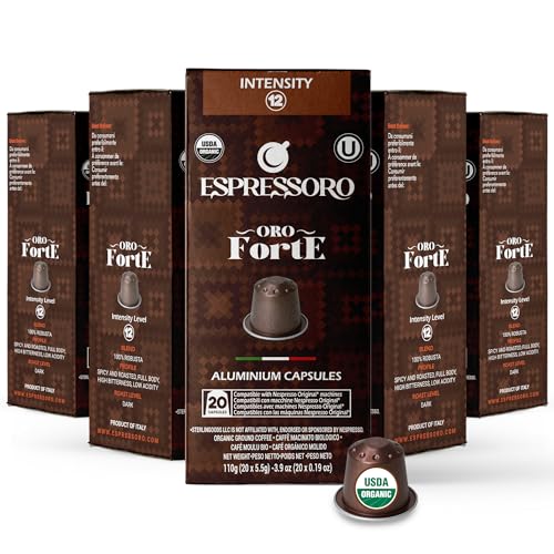 ESPRESSORO 100 USDA Organic Espresso Pods - FORTE Aluminum Capsule Compatible with Nespresso Original Lines Machines. Intensity 12 Premium Italian Expresso Coffee Capsules