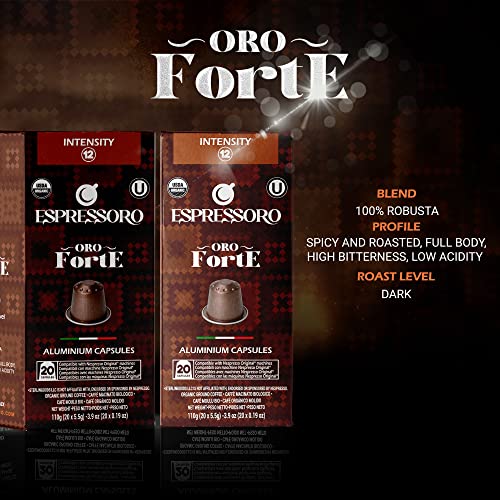 ESPRESSORO 100 USDA Organic Espresso Pods - FORTE Aluminum Capsule Compatible with Nespresso Original Lines Machines. Intensity 12 Premium Italian Expresso Coffee Capsules