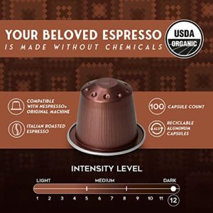 ESPRESSORO 100 USDA Organic Espresso Pods - FORTE Aluminum Capsule Compatible with Nespresso Original Lines Machines. Intensity 12 Premium Italian Expresso Coffee Capsules