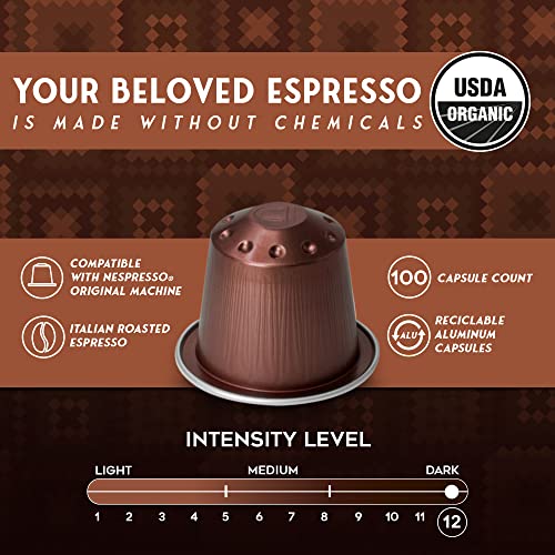 ESPRESSORO 100 USDA Organic Espresso Pods - FORTE Aluminum Capsule Compatible with Nespresso Original Lines Machines. Intensity 12 Premium Italian Expresso Coffee Capsules