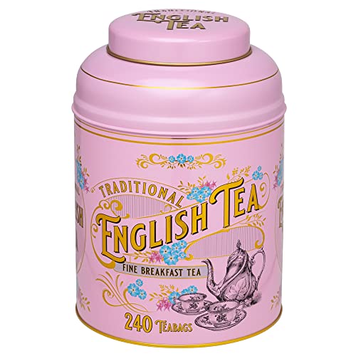 New English Teas Vintage Victorian Tea Tin in Pink with 240 English Breakfast Teabags