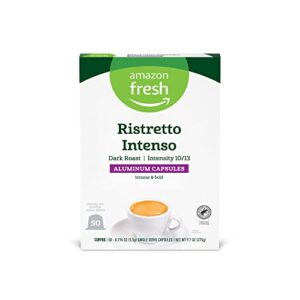 amazon fresh ristretto intenso dark roast aluminum capsules, compatible with nespresso original brewers, intensity 10/13, 50 count (5 packs of 10)
