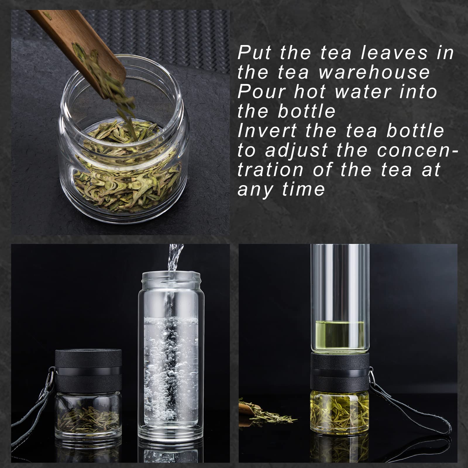 PARACITY Glass Tea Infuser Bottle Tea Flood Cup Double Wall Borosilicate Portable Travel Tumbler Mug Leakproof for Loose Leaf Flower Herbal Tea Bags 13 OZ/380ML