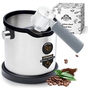 home dept espresso knock box large and coffee grounds container. stainless steel espresso machine accessories. shock-absorbent knock bar with silicone cover for easy coffee ground disposal.