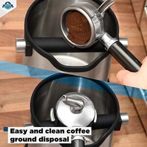 HOME DEPT Espresso knock box large and coffee grounds container. Stainless steel espresso machine accessories. Shock-absorbent knock bar with silicone cover for easy coffee ground disposal.