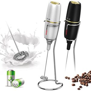 bonsenkitchen electric milk frother handheld, portable whisk milk foam maker with stainless steel stand, battery operated drink hand mixer for coffee, matcha, electric stirrer coffee mixer wand