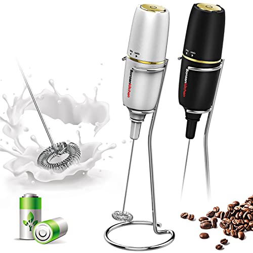 Bonsenkitchen Electric Milk Frother Handheld, Portable Whisk Milk Foam Maker with Stainless Steel Stand, Battery Operated Drink Hand Mixer for Coffee, Matcha, Electric Stirrer Coffee Mixer Wand