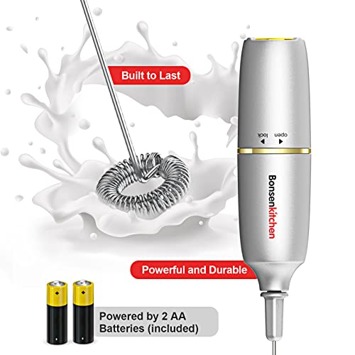 Bonsenkitchen Electric Milk Frother Handheld, Portable Whisk Milk Foam Maker with Stainless Steel Stand, Battery Operated Drink Hand Mixer for Coffee, Matcha, Electric Stirrer Coffee Mixer Wand