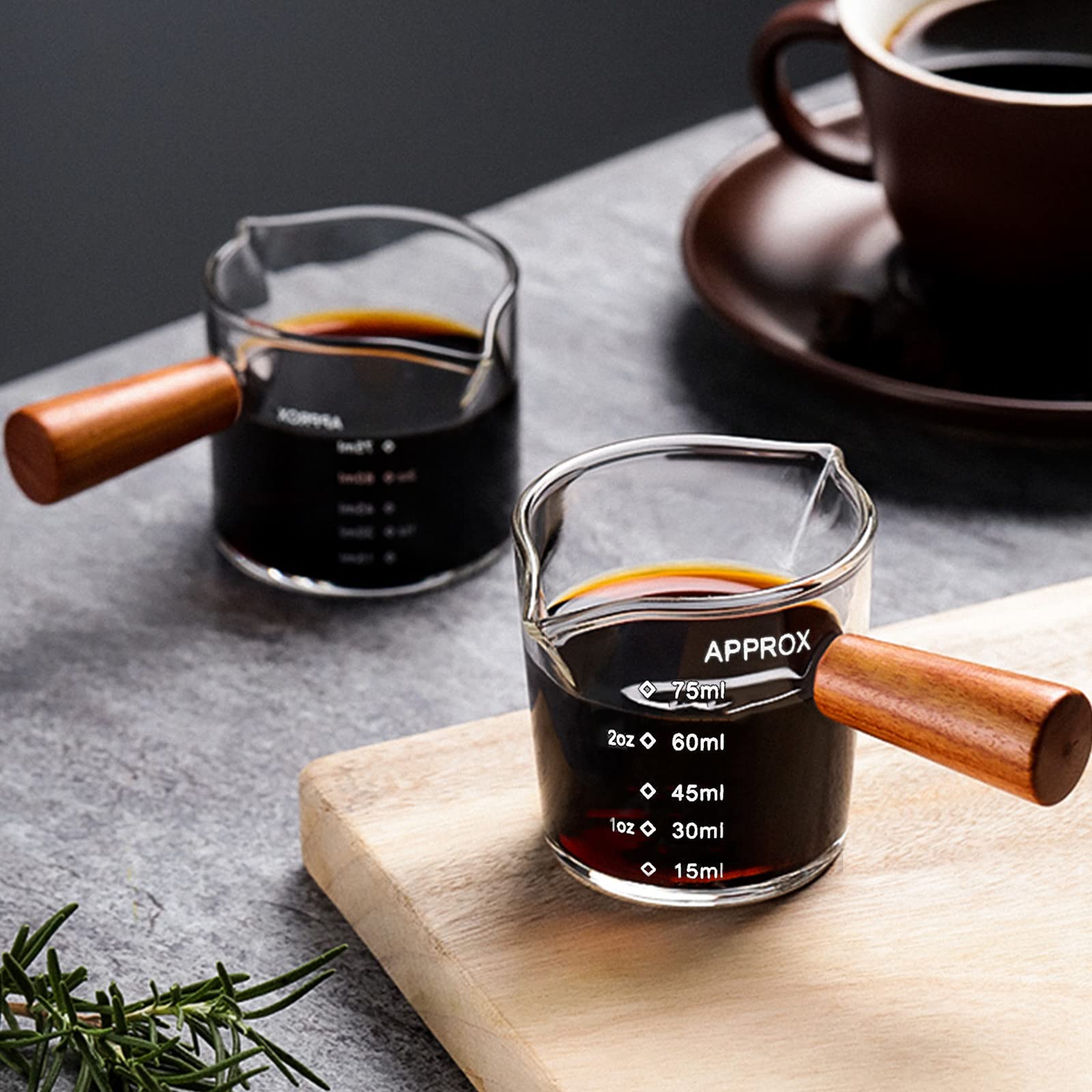 2 Pack Double Spout Espresso Coffee Shot Glass with Wood Handle Measuring Triple Pitcher Milk Cup 75 ml Coffee Replacement Carafe for Barista Coffee Carafe Milk Espresso Making