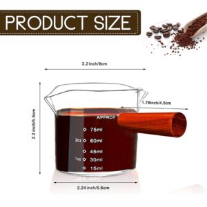 2 Pack Double Spout Espresso Coffee Shot Glass with Wood Handle Measuring Triple Pitcher Milk Cup 75 ml Coffee Replacement Carafe for Barista Coffee Carafe Milk Espresso Making