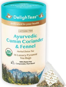 delighteas organic digest & detox ccf tea | eco-friendly, compostable pyramid tea bags | ayurvedic cumin, coriander, fennel tea | usda organic, caffeine free, kosher | 16 tea bags, 4g each