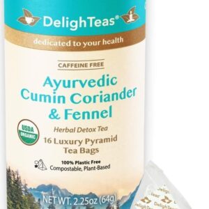 DelighTeas Organic Digest & Detox CCF Tea | Eco-friendly, Compostable Pyramid Tea Bags | Ayurvedic Cumin, Coriander, Fennel Tea | USDA Organic, Caffeine Free, Kosher | 16 Tea Bags, 4g each