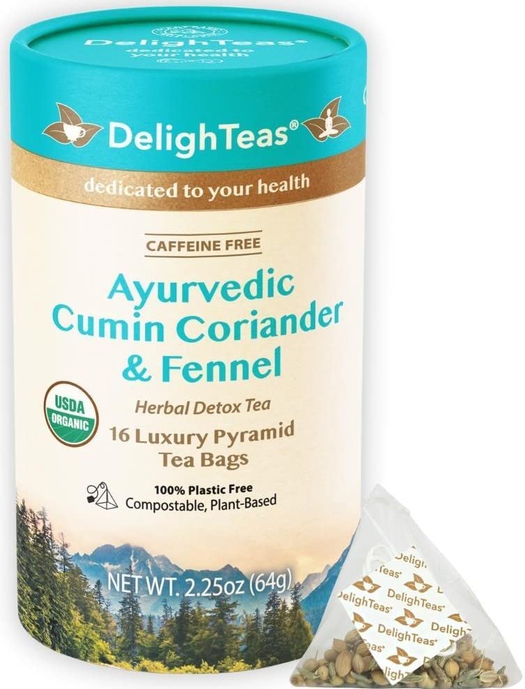 DelighTeas Organic Digest & Detox CCF Tea | Eco-friendly, Compostable Pyramid Tea Bags | Ayurvedic Cumin, Coriander, Fennel Tea | USDA Organic, Caffeine Free, Kosher | 16 Tea Bags, 4g each