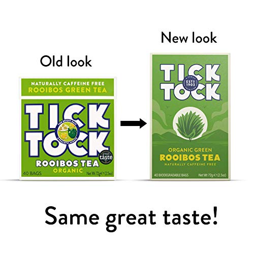 TICK TOCK TEAS Naturally Caffeine Free Red Bush Herbal Green Tea, 40 Count, Organic Rooibos Green Tea, 2.5 Oz