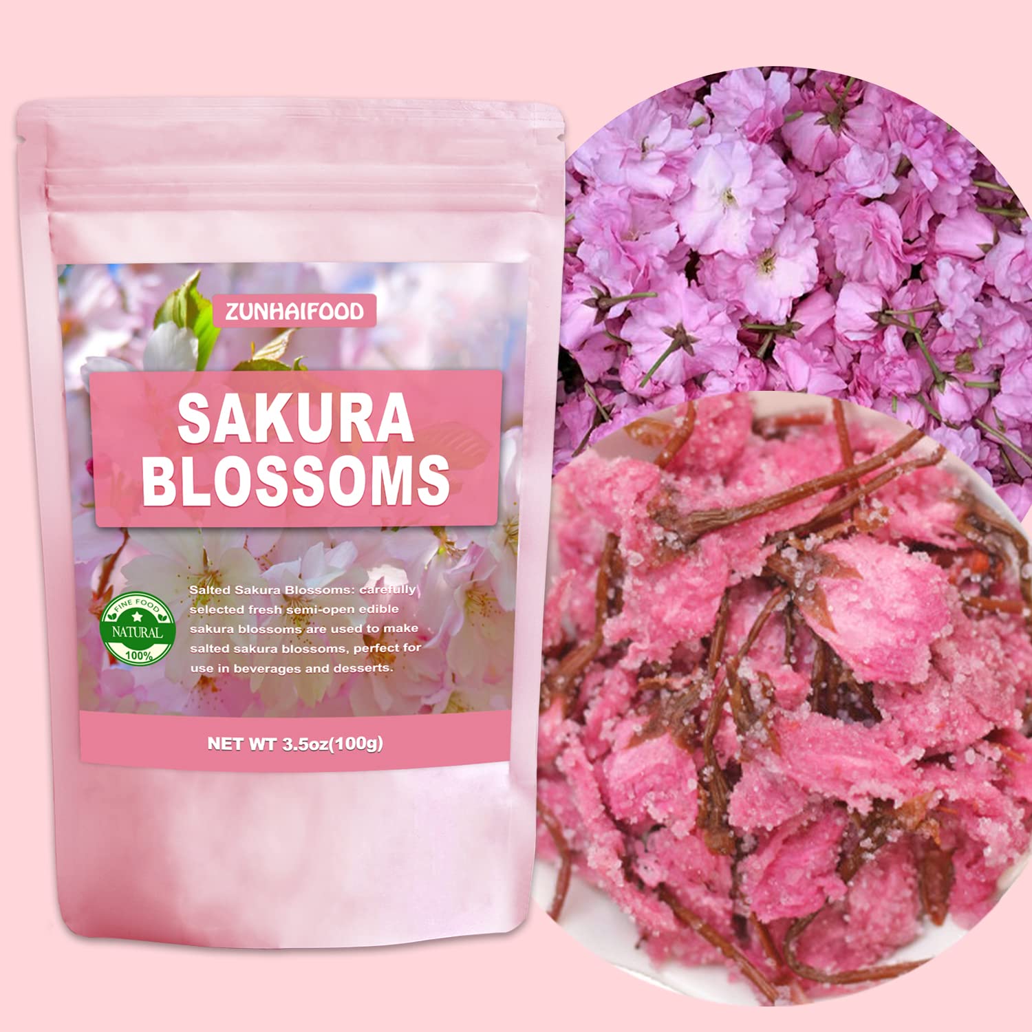 Edible Salted Sakura Blossoms, Premium Pickled Sakura Cherry Blossoms, 3.5oz(100g)