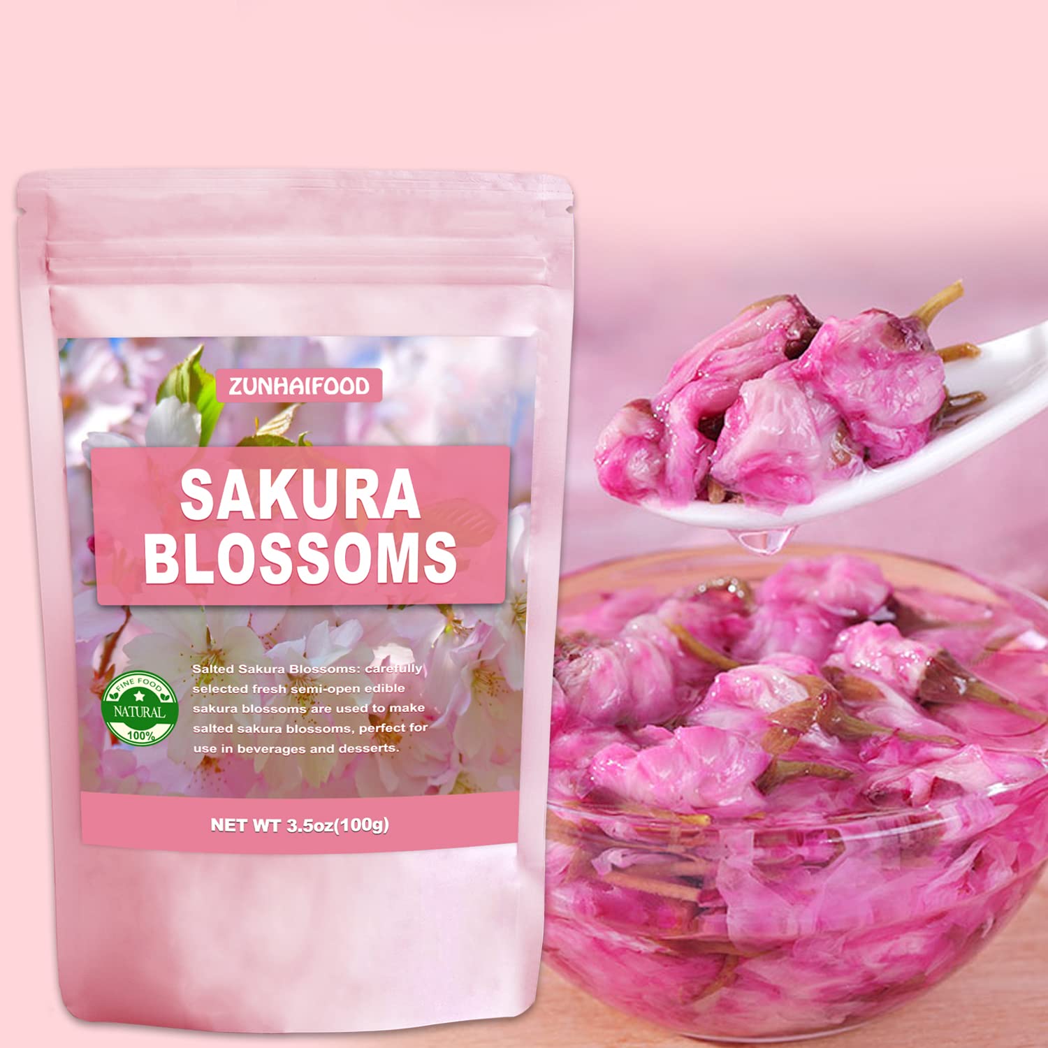 Edible Salted Sakura Blossoms, Premium Pickled Sakura Cherry Blossoms, 3.5oz(100g)