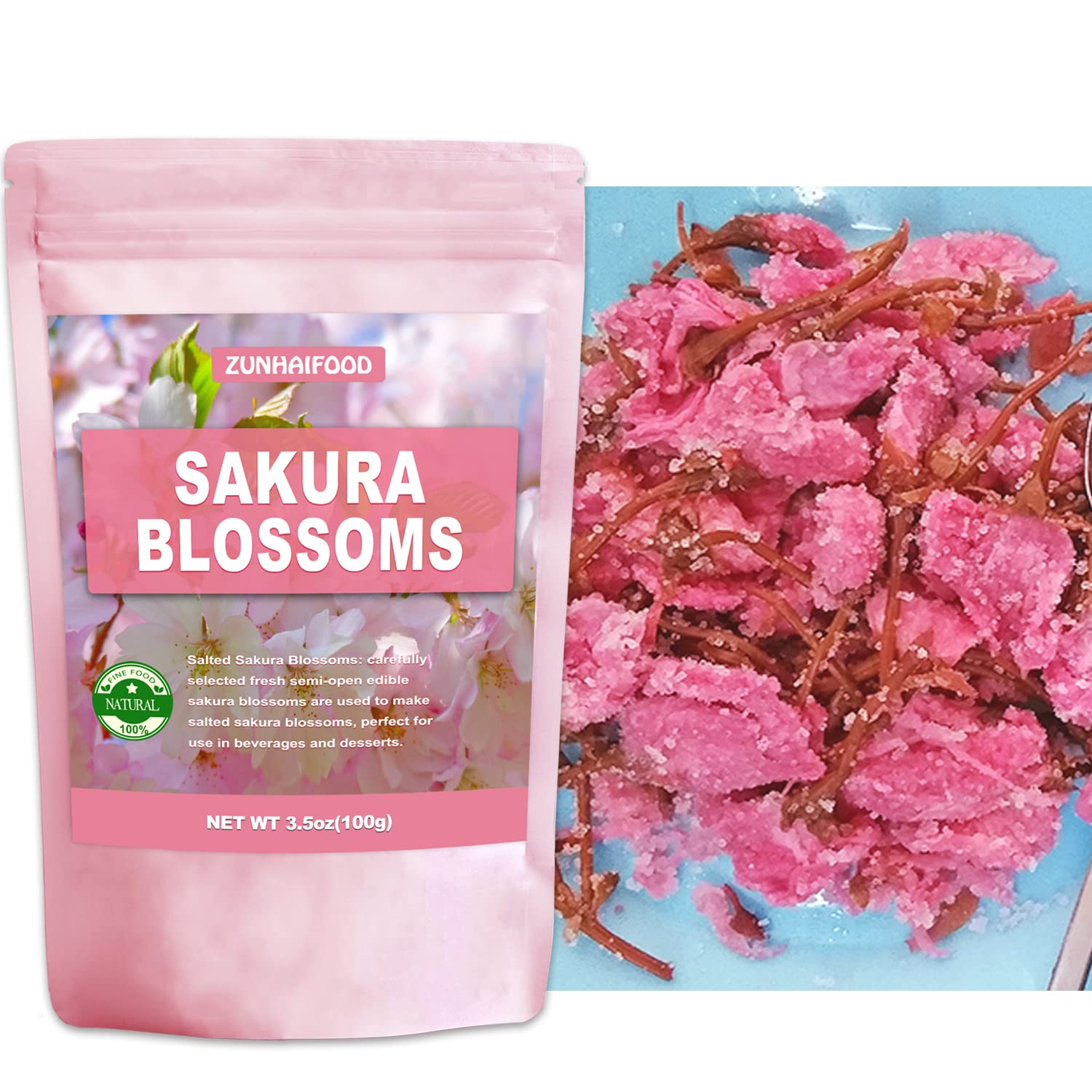 Edible Salted Sakura Blossoms, Premium Pickled Sakura Cherry Blossoms, 3.5oz(100g)