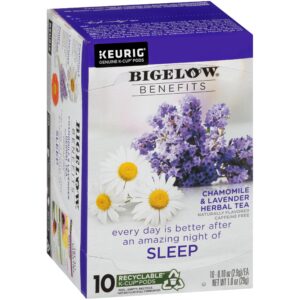 bigelow tea benefits sleep chamomile & lavender keurig k-cup pods herbal tea, caffeine free, 10 count (pack of 6), 60 total k-cup pods