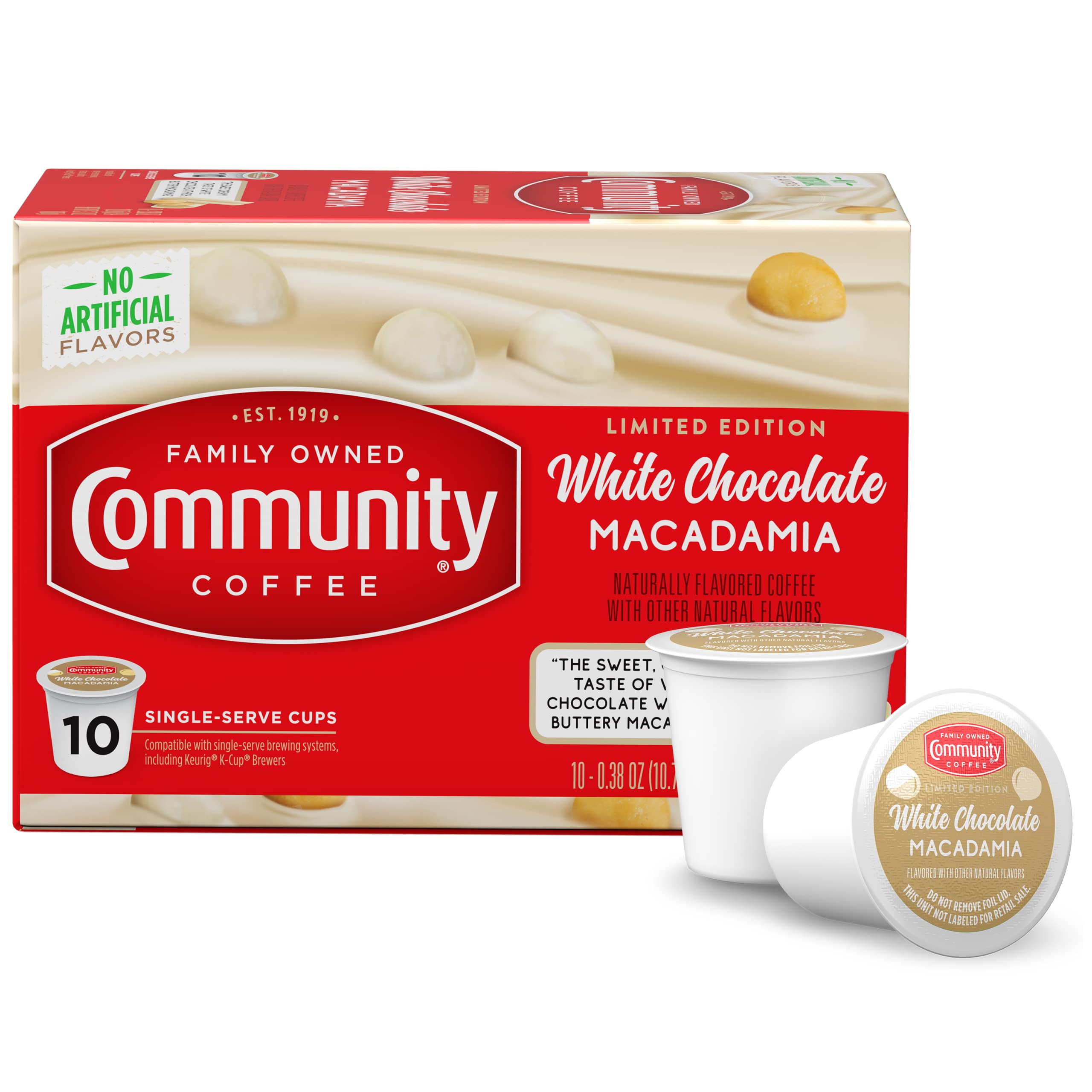 Community Coffee Limited Edition White Chocolate Macadamia 10 count Flavored Coffee Pods, Medium Roast Compatible with Keurig 2.0 K-Cup Brewers