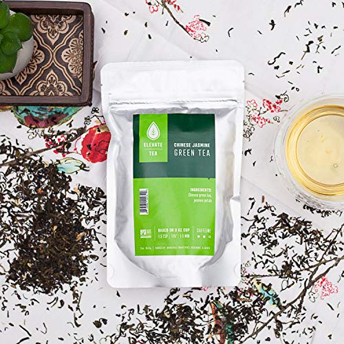 Elevate Tea Chinese Jasmine Tea - Loose Leaf Green Tea, Medium Caffeine, 3 oz Pouch - 30 Cups, Hot & Iced Tea, No Artificials, Unsweetened Jasmine Tea Loose Leaf