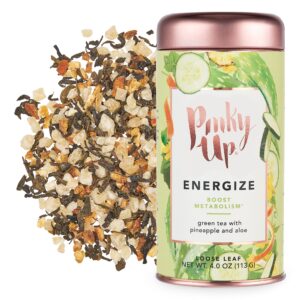 pinky up energize loose leaf wellness tea, green tea blend, naturally low calorie & gluten free, caffeinated 3.0 ounce tin, 25 servings