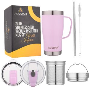 avodah 20 oz tea cup with tea infuser and lid. tea infuser mug with tea strainer, two lids & straw. coffee travel mug with tea accessories for cold brew (lilac)
