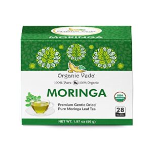 organic veda moringa tea bags - 100% organic dried green moringa tea leaves - caffeine free moringa herbal with vitamins, antioxidants - support digestion, immune system - vegan, no gluten - 28 count