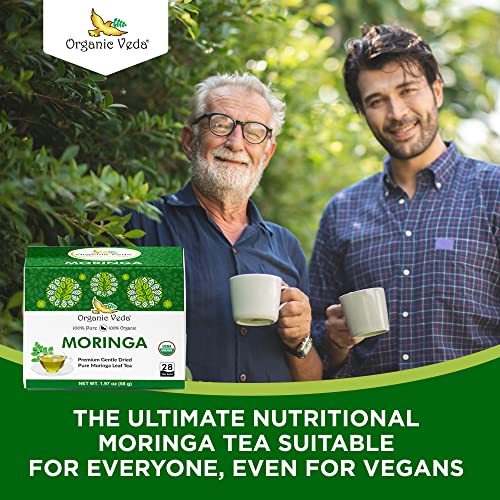 Organic Veda Moringa Tea Bags - 100% Organic Dried Green Moringa Tea Leaves - Caffeine Free Moringa Herbal with Vitamins, Antioxidants - Support Digestion, Immune System - Vegan, No Gluten - 28 count