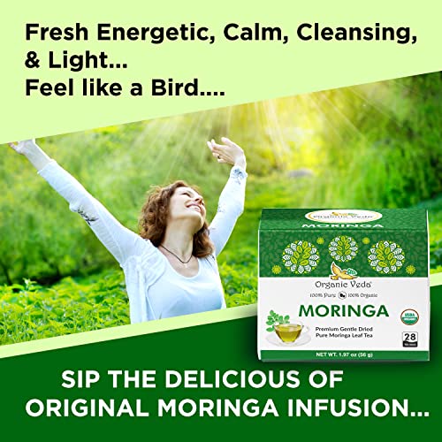 Organic Veda Moringa Tea Bags - 100% Organic Dried Green Moringa Tea Leaves - Caffeine Free Moringa Herbal with Vitamins, Antioxidants - Support Digestion, Immune System - Vegan, No Gluten - 28 count