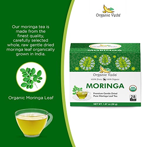 Organic Veda Moringa Tea Bags - 100% Organic Dried Green Moringa Tea Leaves - Caffeine Free Moringa Herbal with Vitamins, Antioxidants - Support Digestion, Immune System - Vegan, No Gluten - 28 count