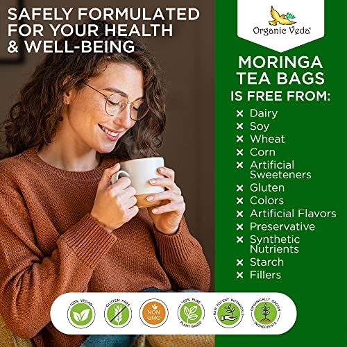 Organic Veda Moringa Tea Bags - 100% Organic Dried Green Moringa Tea Leaves - Caffeine Free Moringa Herbal with Vitamins, Antioxidants - Support Digestion, Immune System - Vegan, No Gluten - 28 count