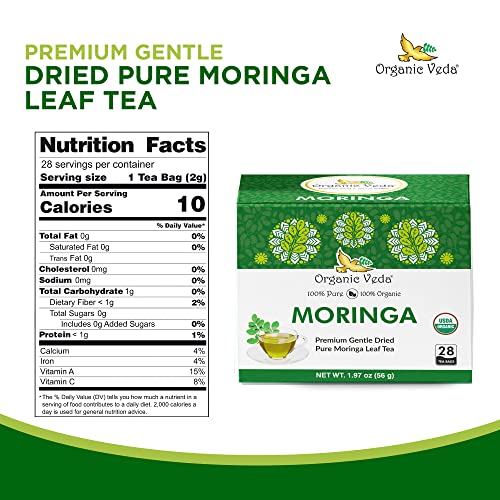 Organic Veda Moringa Tea Bags - 100% Organic Dried Green Moringa Tea Leaves - Caffeine Free Moringa Herbal with Vitamins, Antioxidants - Support Digestion, Immune System - Vegan, No Gluten - 28 count