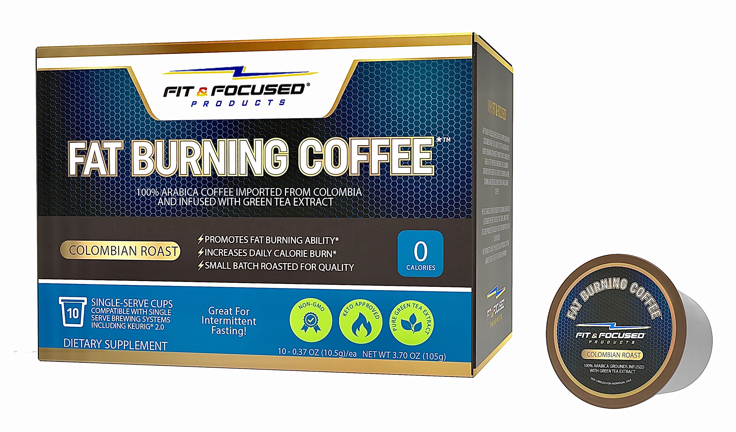 Fat Burning Keto Coffee K Cup Pods- Organic Colombian Roast Infused With Green Tea Antioxidants, Skinny Diet Friendly, Fitness & Weight Loss Friendly