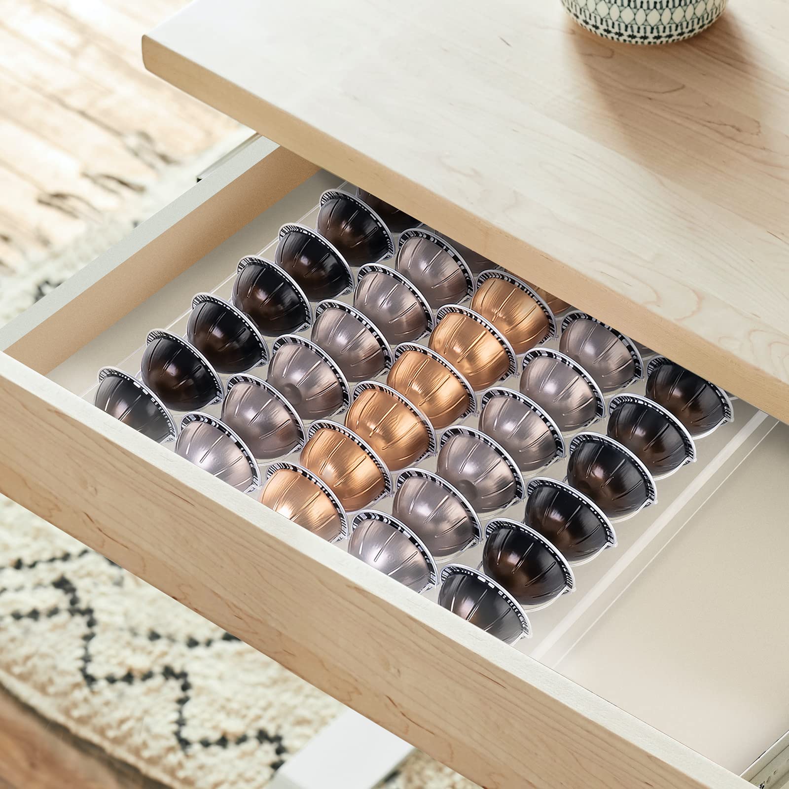 Sumerflos Clear Coffee Pod Holder Storage Tray 15.75" L x 12.6" W for Vertuoline Capsule, Drawer Insert Organizer Holds 50 Pods Counter Organizer of Kitchen, Home, Office