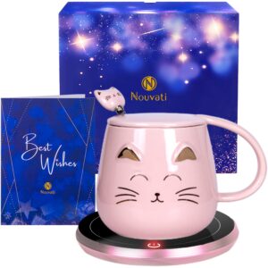 nouvati silver mug warmer & cute dog coffee mug with lid set for coffee lovers; excellent heating, auto shut-off, 2 temperatures; coffee & tea gift set, tea warmer, coffee warmer