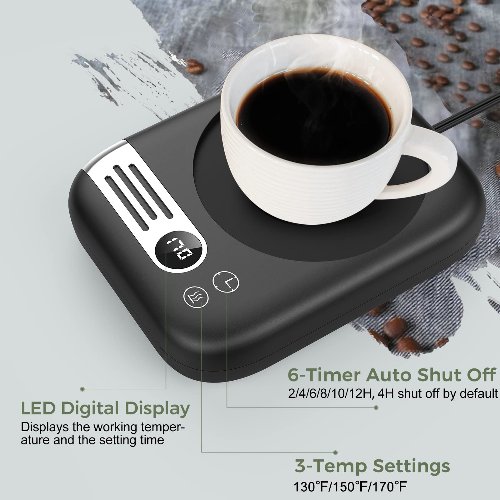 Mug Warmer, Coffee Mug Warmer with 3 Temperature Settings, Coffee Warmer for Desk with Auto Shut Off, Coffee Cup Warmer with Digital Display, Smart Cup Warmer for Coffee/Milk/Tea/Beverage/Chocolate