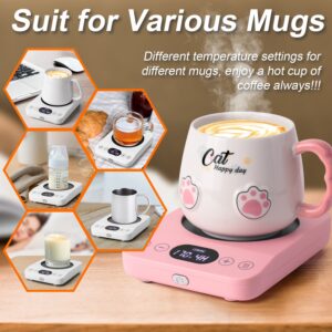 Coffee Mug Warmer & Cute Cat Mug Set, Electric Coffee Warmer for Desk with 9 Temp Setting (Up to 180℉/ 80℃), 1-9 Timer Smart Cup Warmer Plate for Beverage Milk Tea, Gravity Induction Auto ON/Off