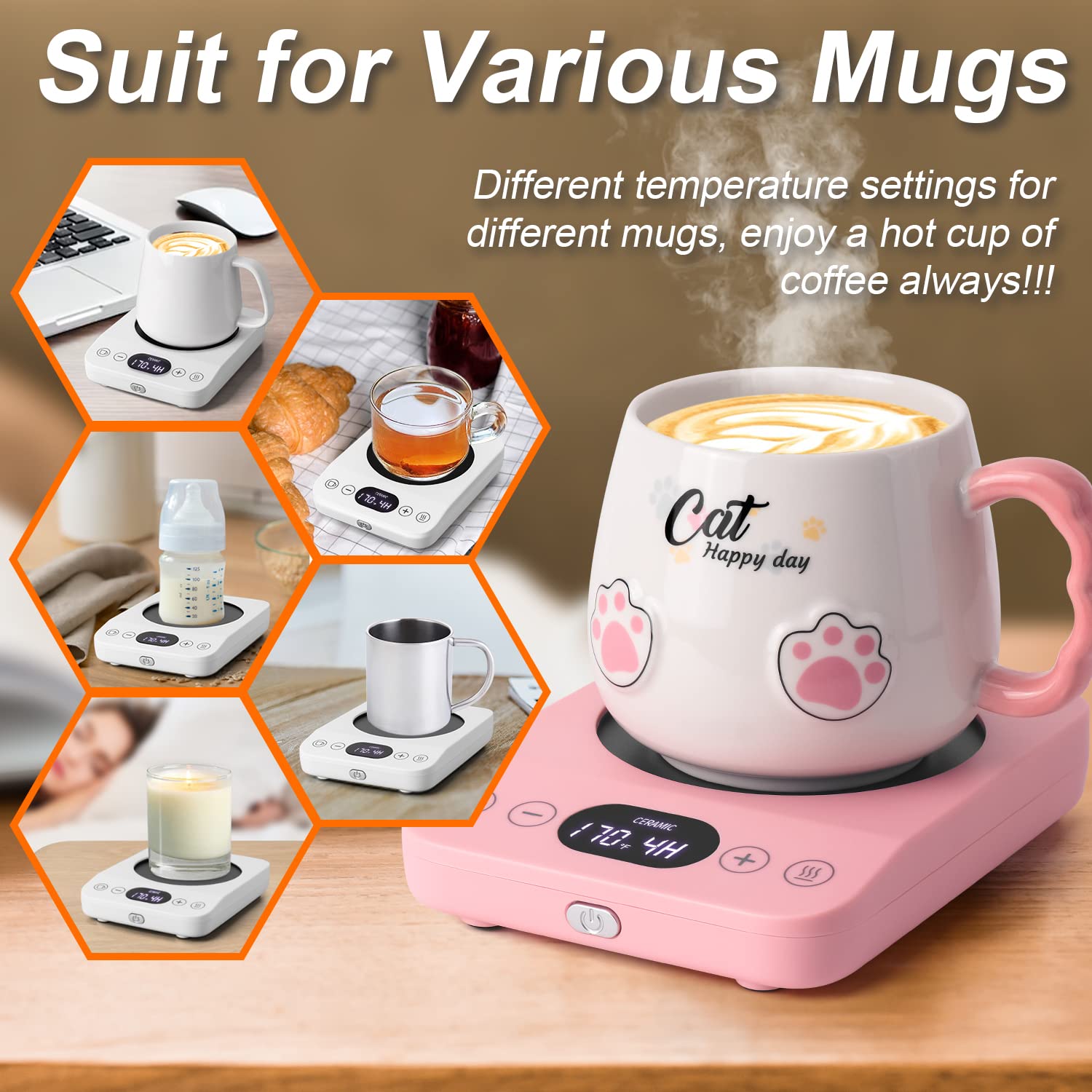 Coffee Mug Warmer & Cute Cat Mug Set, Electric Coffee Warmer for Desk with 9 Temp Setting (Up to 180℉/ 80℃), 1-9 Timer Smart Cup Warmer Plate for Beverage Milk Tea, Gravity Induction Auto ON/Off