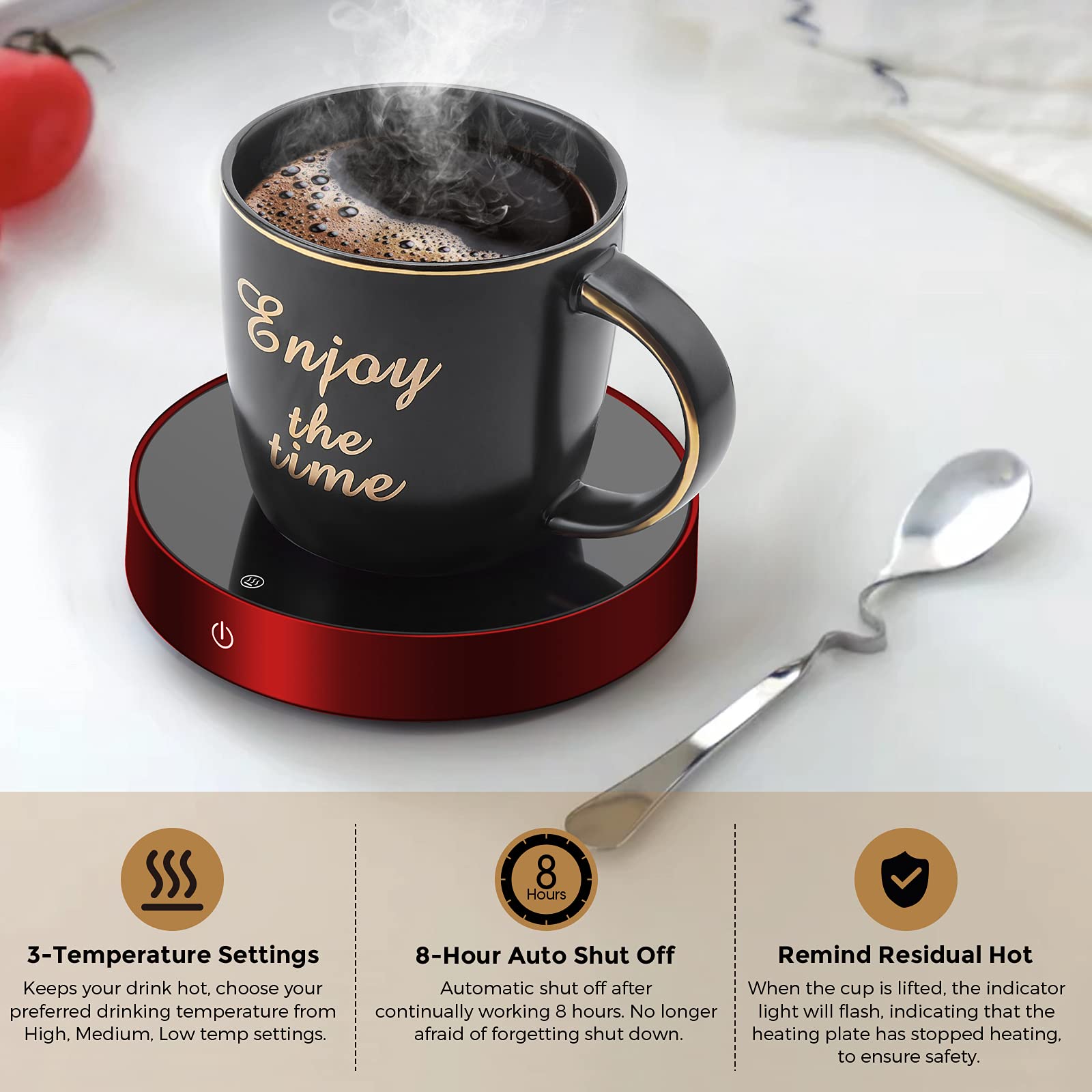 Suewow Coffee Mug Warmer and Smart Cup Warmer,Mug Warmer for Desk,Electric Beverage Warmer with 3 Temperature Settings with Auto On/Off, Auto Power-Off Protection (Red)