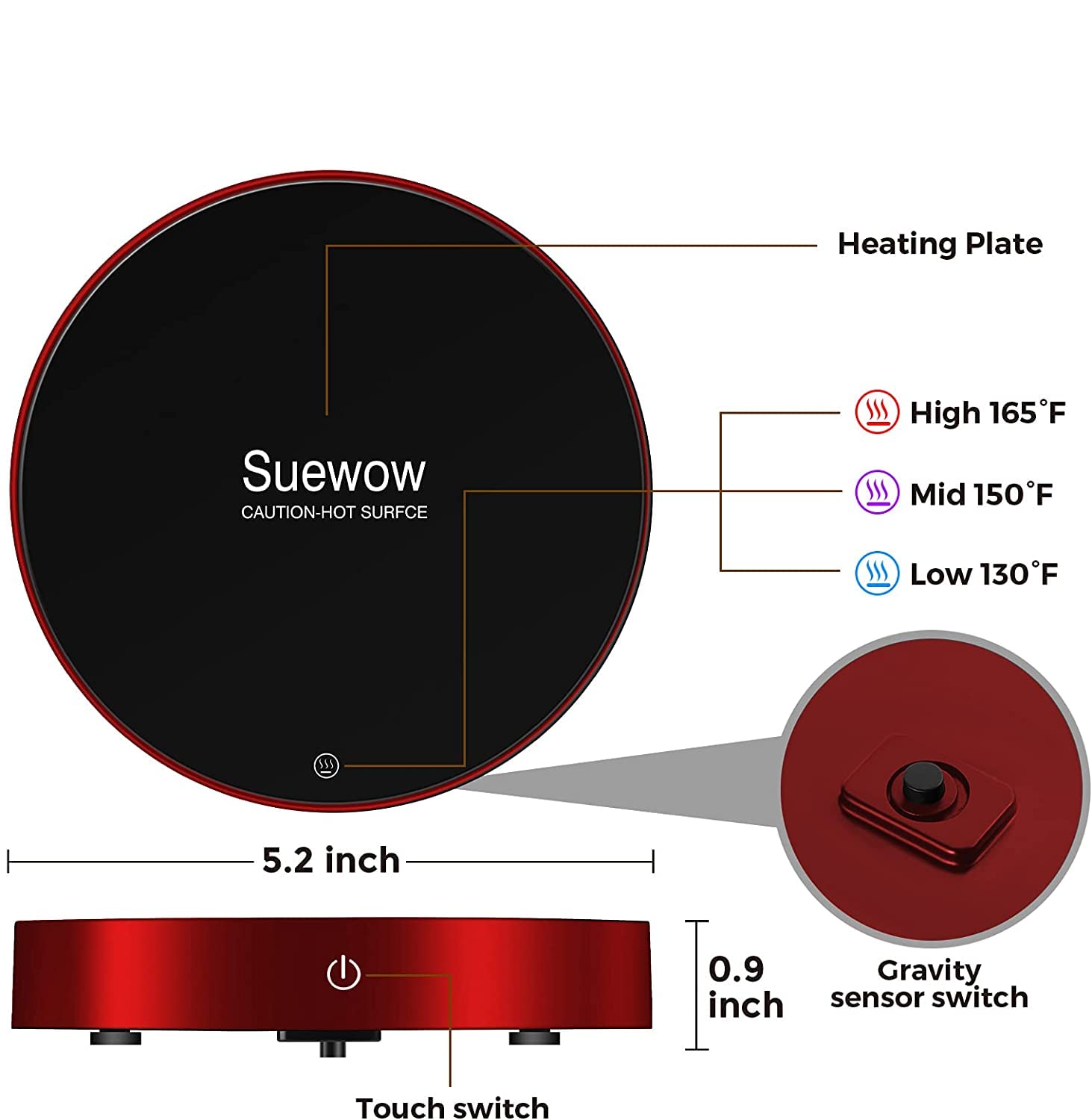 Suewow Coffee Mug Warmer and Smart Cup Warmer,Mug Warmer for Desk,Electric Beverage Warmer with 3 Temperature Settings with Auto On/Off, Auto Power-Off Protection (Red)