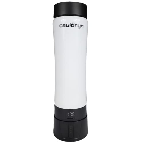 Cauldryn Coffee Temperature Control Travel Coffee Mug and Desktop Warmer, Smartphone via Bluetooth Control, Long Lasting Battery Powered Heated Portable Smart Mug, Stainless Steel, 16 oz, White